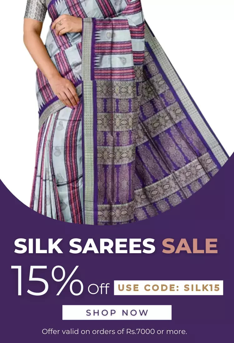 silk sarees sale, get 15% discount on orders of Rs.7000 or more. Use code: SILK15.