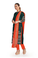 Bomkai Cotton Dress Material Set. Green Orange Combinatioan