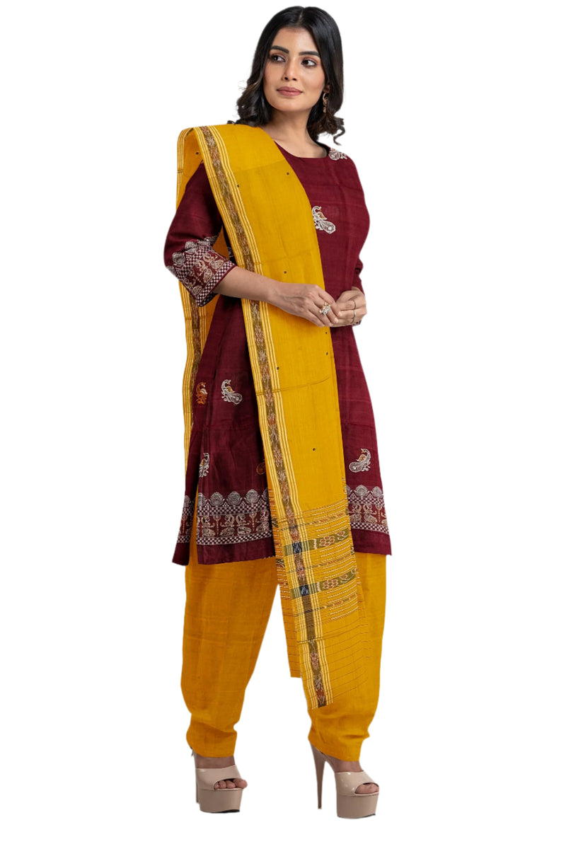 Peacock motifs bomkai cotton dress material set