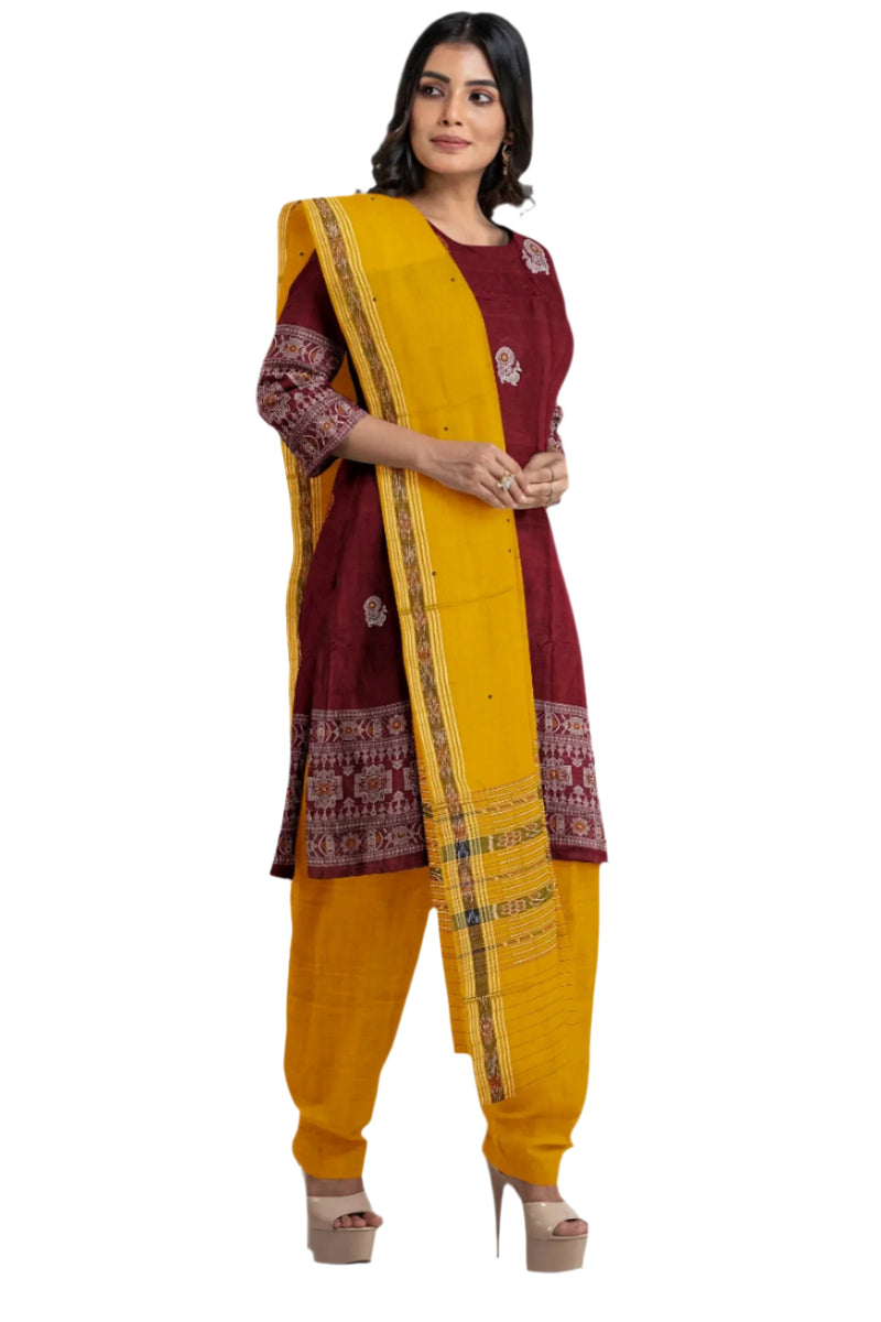 Peacock motifs bomkai cotton dress material set