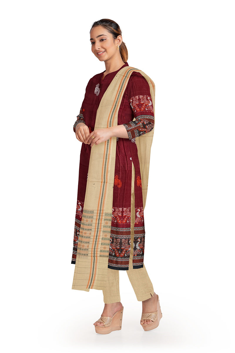 Peacock motifs bomkai cotton dress material set
