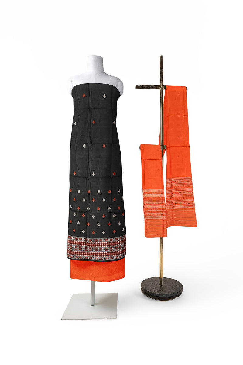 Club motifs design Bomkai Cotton Dress material set, Options : Black-Red, Black-Orange