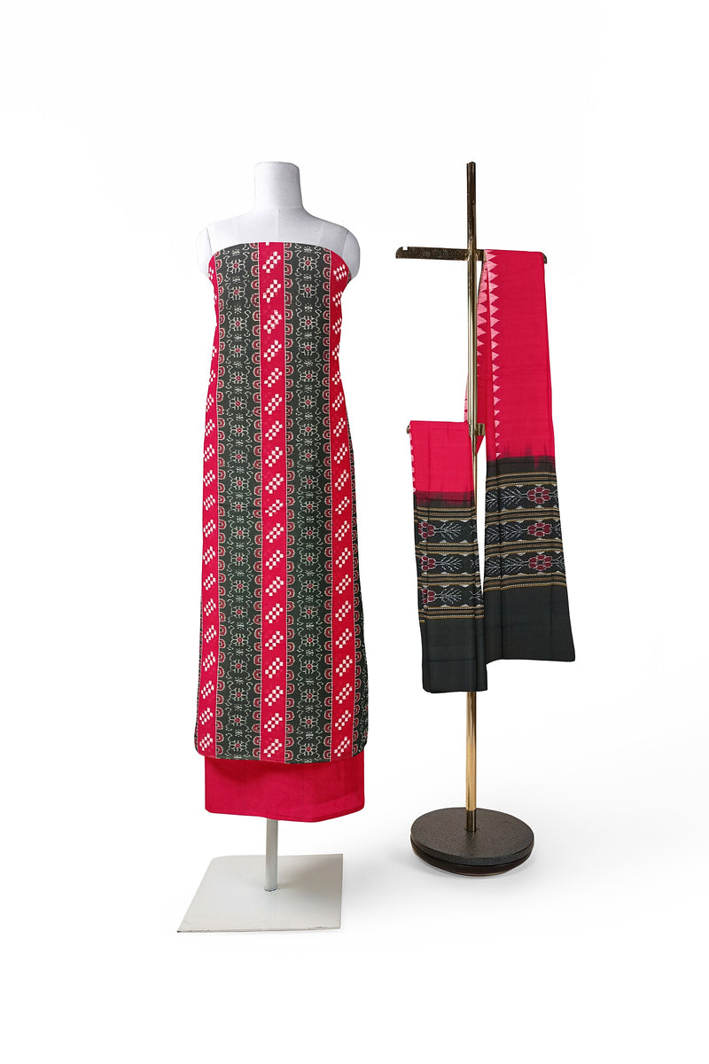 Excquisite Pasapali and flower design unstitched Sambalpuri cotton dress material set