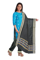 Bomkai silk dress material set, copper sulphate blue and black colors combination