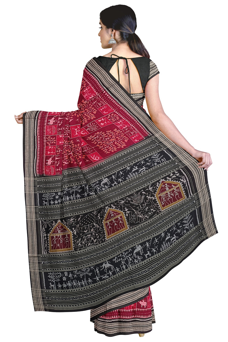 Beautiful Tribal art and Tree design sambalpuri cotton saree with blouse piece