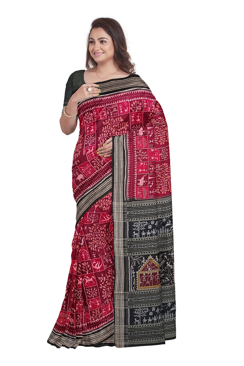 Beautiful Tribal art and Tree design sambalpuri cotton saree with blouse piece