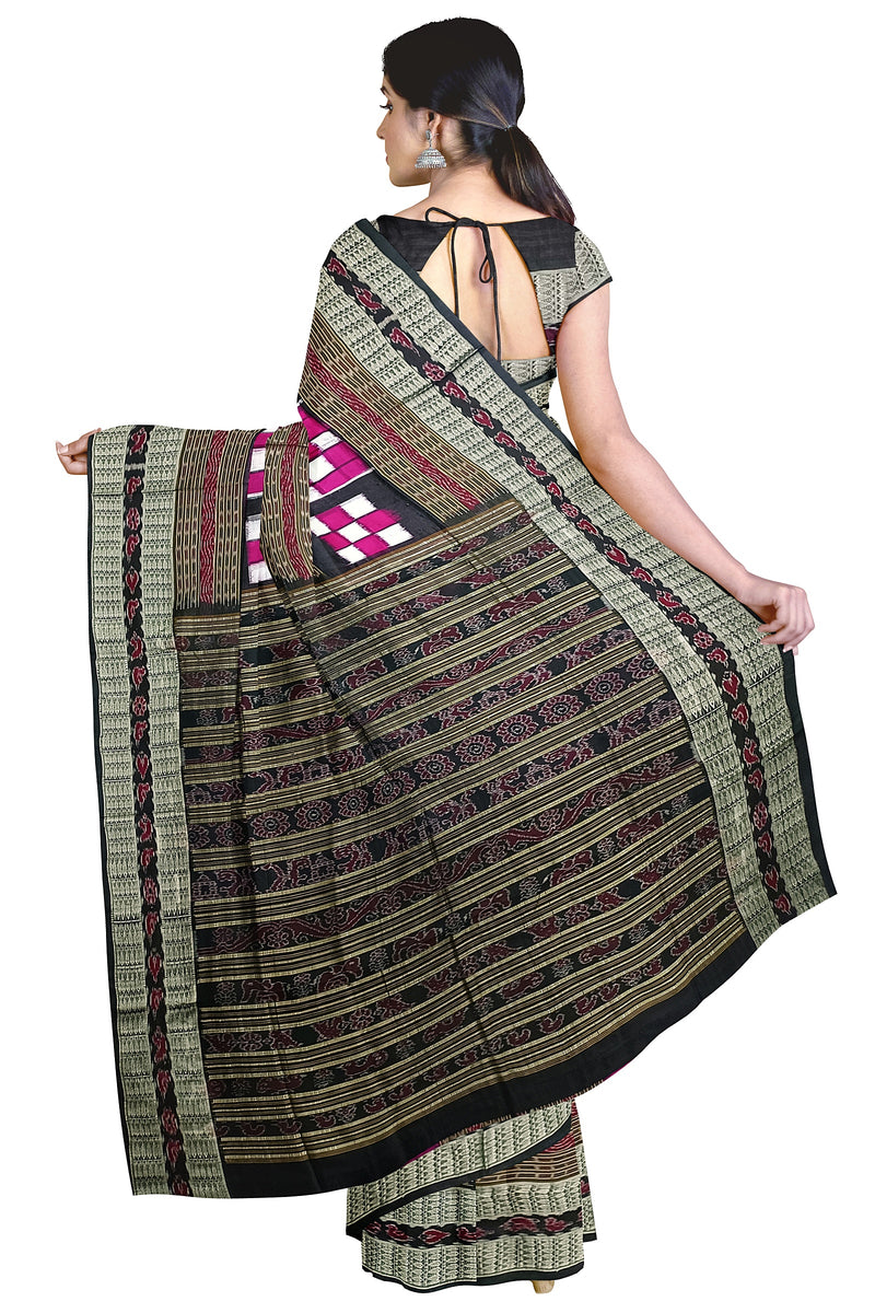 Bichitrapuri design Sambalpuri silk saree with blouse piece, Color - Pink Black