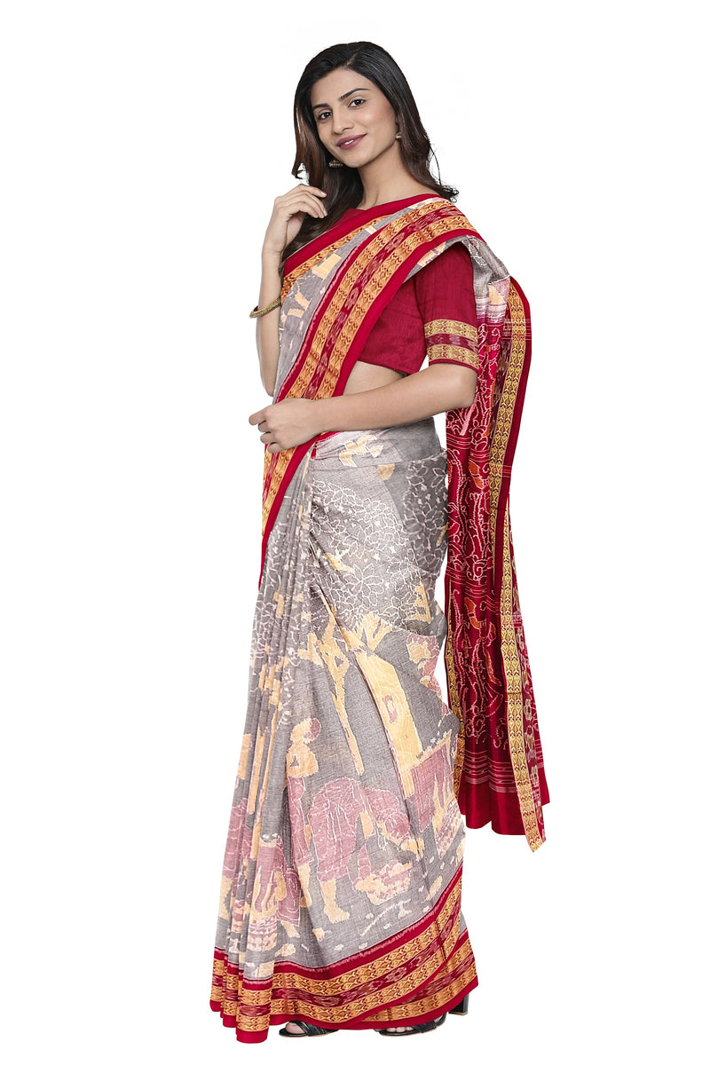 Exquisite Collecting Mahua Flower design Sambalpuri Cotton Saree with Blouse piece