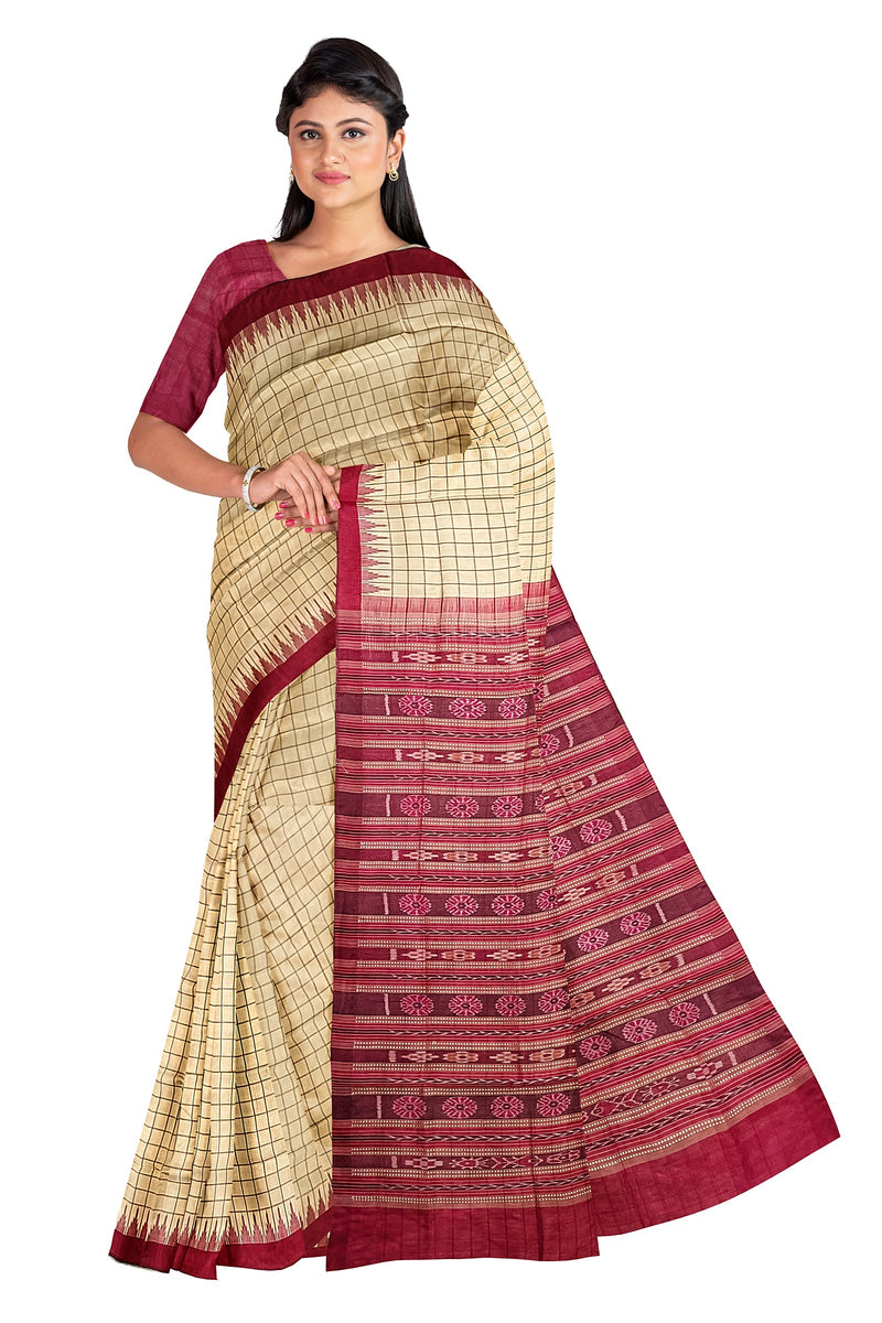Sambalpuri Tusser Silk Phodakumbha boarder and check check body saree with blouse piece