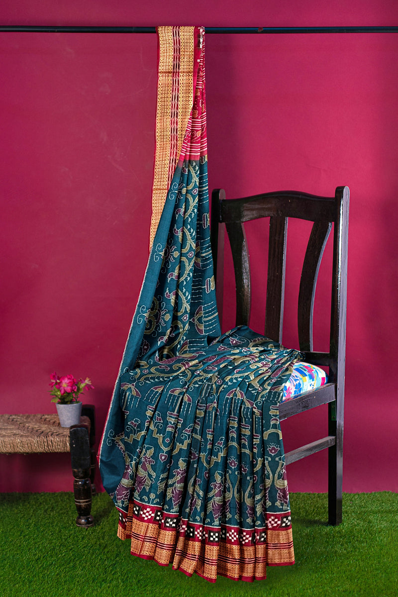 Beautiful Birds and Nartaki design Sambalpuri cotton saree with blouse piece