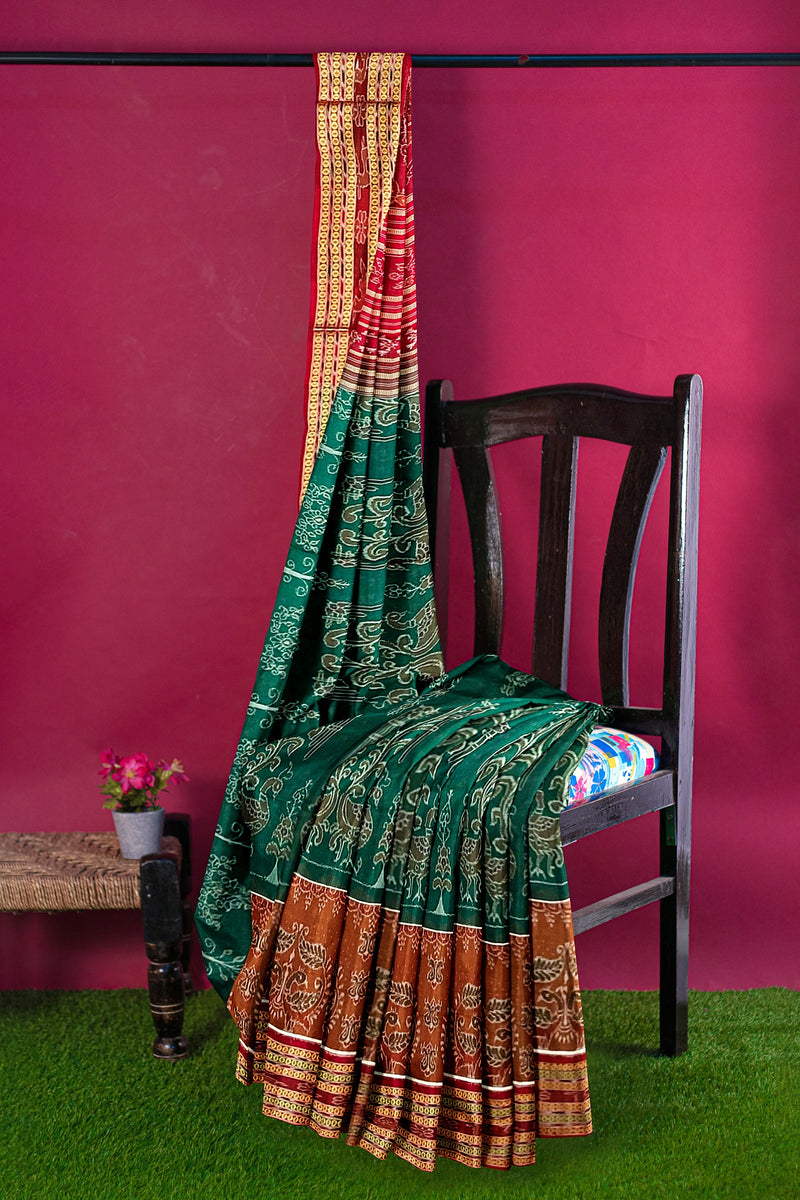 Flower and Peacock design Sambalpuri cotton saree with blouse piece