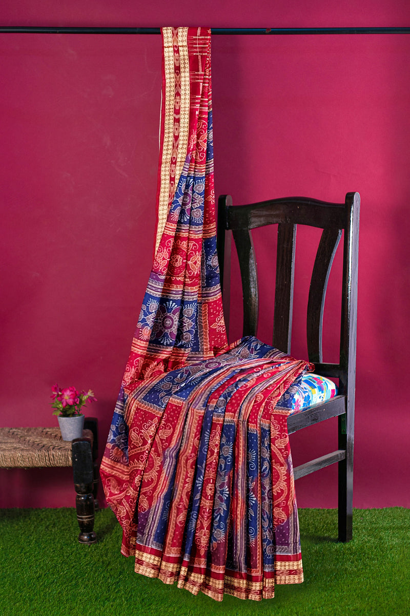 Flower design in the box Sambalpuri cotton saree with blouse piece