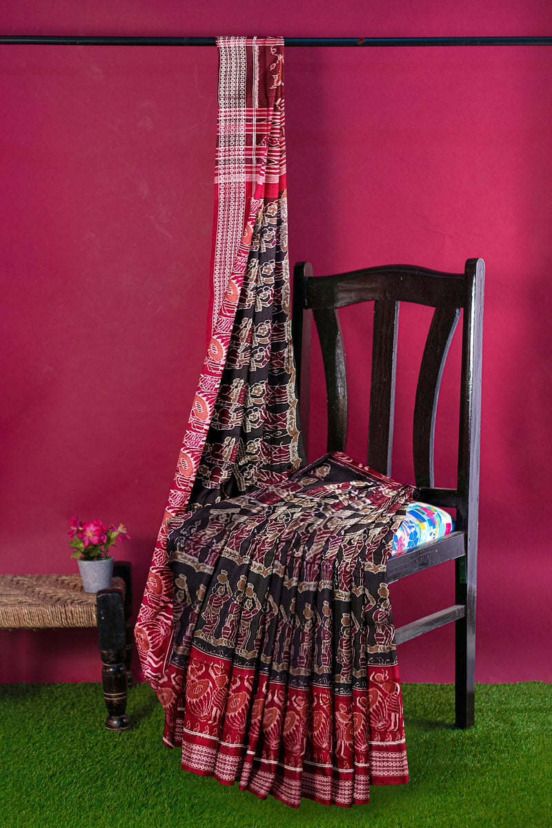 Exquisite Village life design Sambalpuri cotton saree with blouse piece