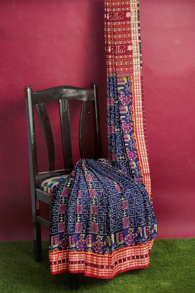 Exquisite Oriya letters design Sambalpuri cotton saree with blouse piece