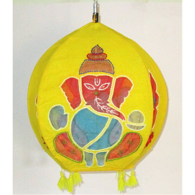 Unique colorful Lamp like Roof Hanging from Pipili-Appliques-OdiKala Handicrafts-Yellow ganes-20 cm length and 39 cm diameter-OdiKala